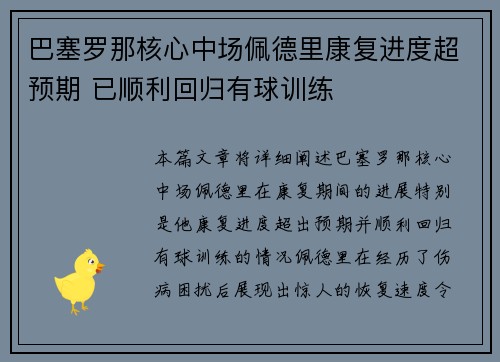 巴塞罗那核心中场佩德里康复进度超预期 已顺利回归有球训练