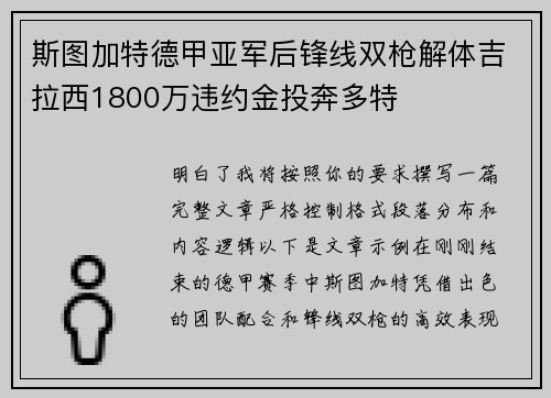 斯图加特德甲亚军后锋线双枪解体吉拉西1800万违约金投奔多特